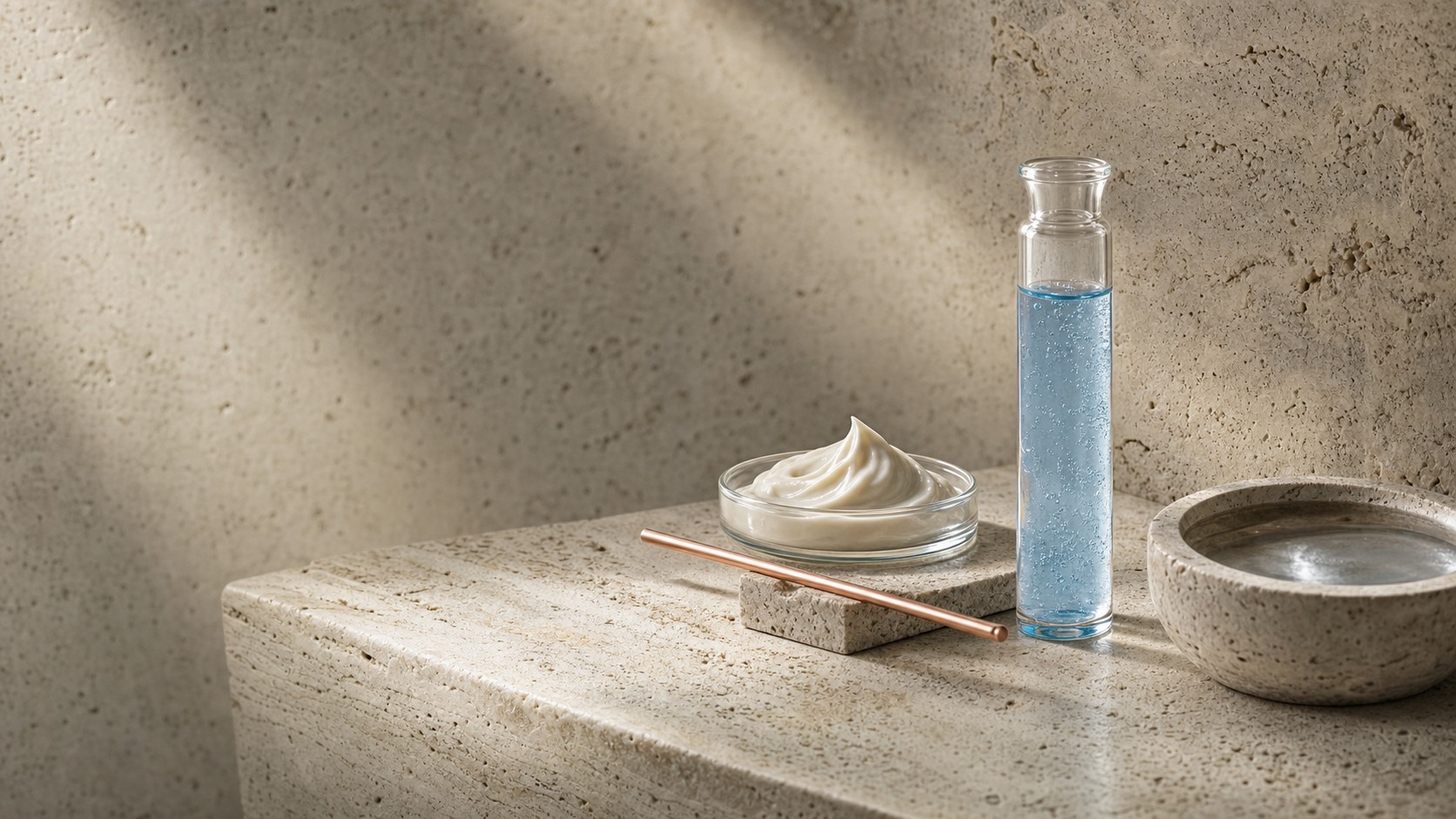 Peptide serum in fluted glassware on travertine, studio daylight