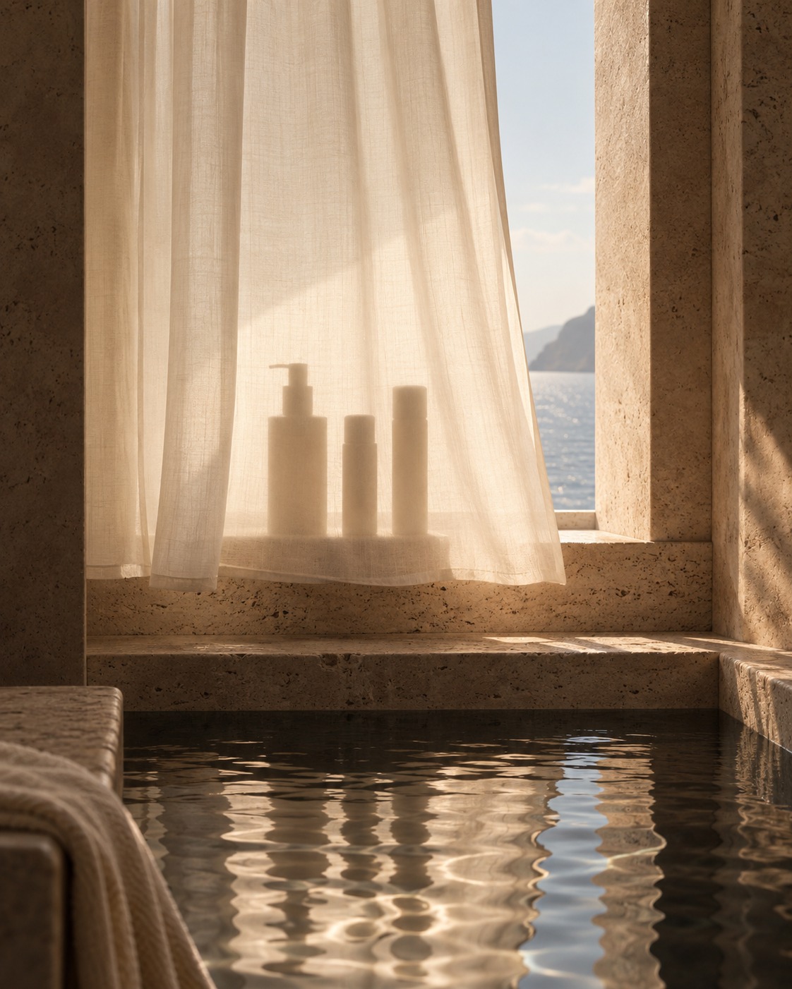 The Foundational System veiled behind linen at a travertine window over water